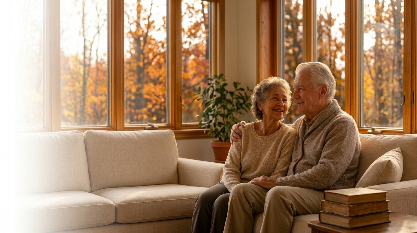 An older couple sitting close together on a sofa in warm autumn light, talking.